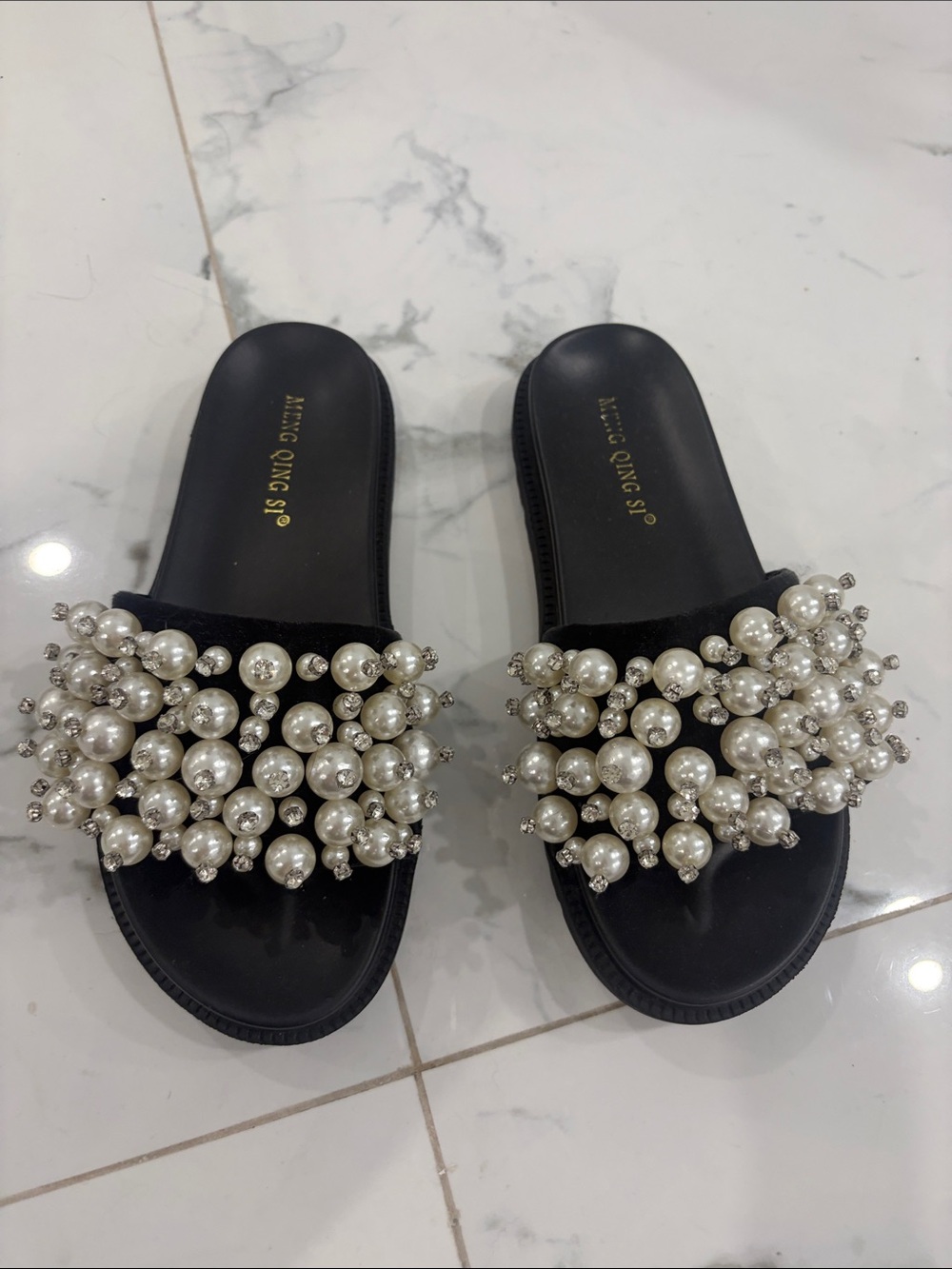 Pearl and Crystal Embellished Black Slide Sandals